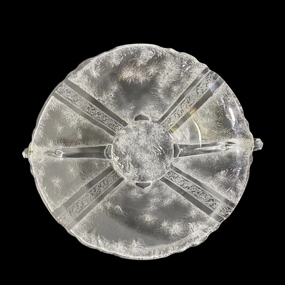 Vintage Heisey Glass Antarctic Etched Clear Bowl Four Toe Two Handle Rare 8.75" - Picture 3 of 10